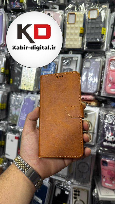 کیف گوشی Galaxy A15 سامسونگ چرم مگنتی جاکارتی بند آویز دار قهوه ایی روشن