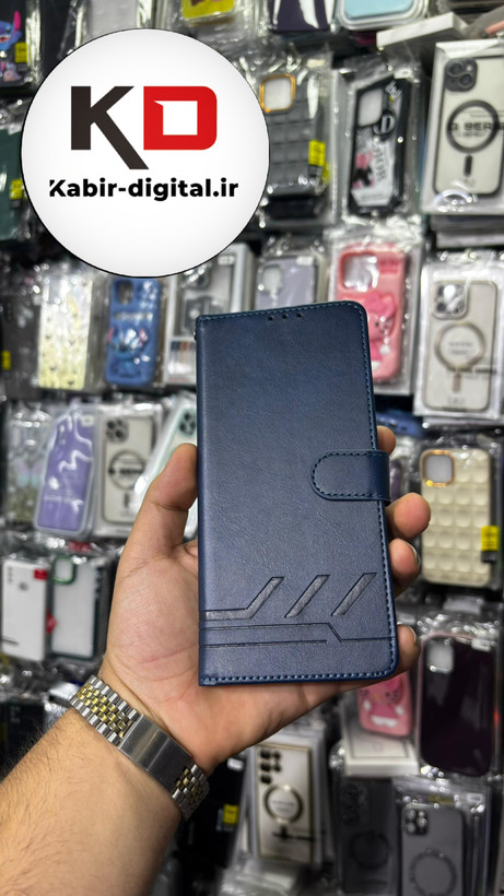 کیف گوشی Galaxy A06 سامسونگ چرم مگنتی جاکارتی بند آویز دار سرمه ایی