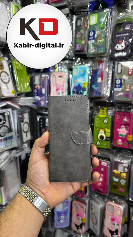 کیف گوشی Galaxy A750 / A7 2018 سامسونگ چرم مگنتی جاکارتی بند آویز دار خاکستری