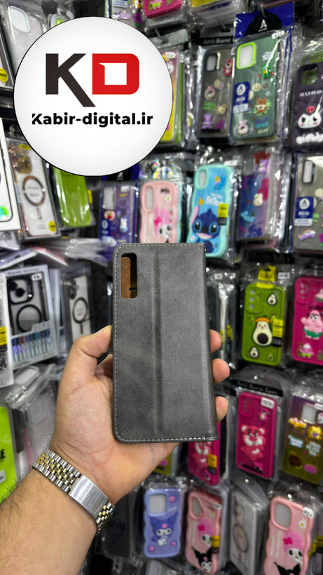 کیف گوشی Galaxy A750 / A7 2018 سامسونگ چرم مگنتی جاکارتی بند آویز دار خاکستری