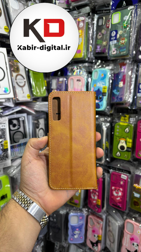 کیف گوشی Galaxy A750 / A7 2018 سامسونگ چرم مگنتی جاکارتی بند آویز دار قهوه ایی روشن