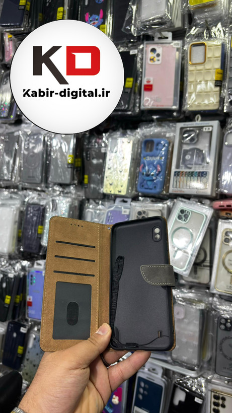 کیف گوشی Galaxy A10 سامسونگ چرم مگنتی جاکارتی بند آویز دار خاکستری