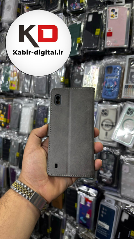 کیف گوشی Galaxy A10 سامسونگ چرم مگنتی جاکارتی بند آویز دار خاکستری