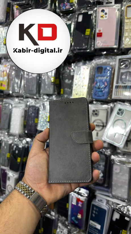 کیف گوشی Galaxy A10 سامسونگ چرم مگنتی جاکارتی بند آویز دار خاکستری