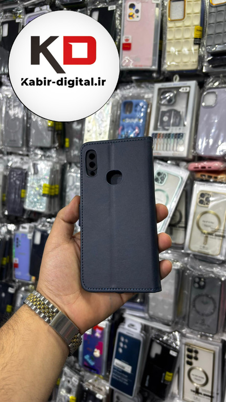 کیف گوشی Galaxy A10s سامسونگ چرم مگنتی جاکارتی بند آویز دار سرمه ایی
