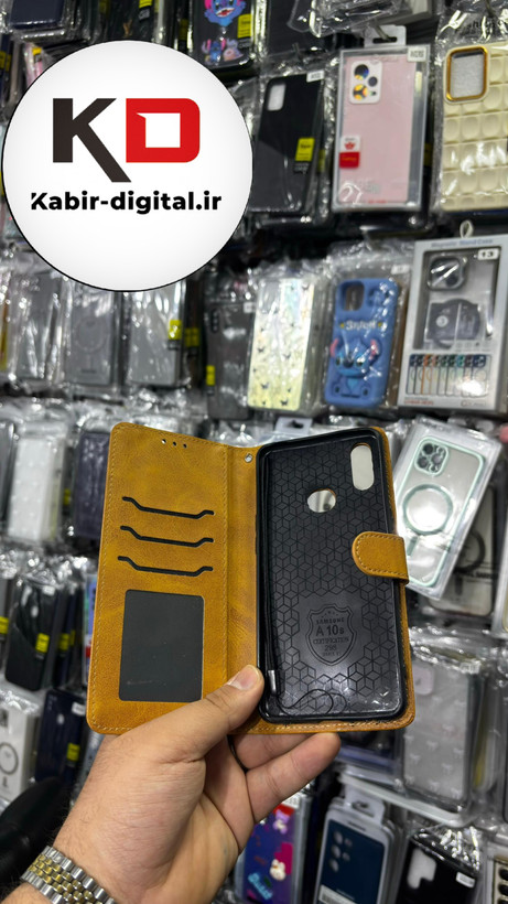 کیف گوشی Galaxy A10s سامسونگ چرم مگنتی جاکارتی بند آویز دار قهوه ایی روشن