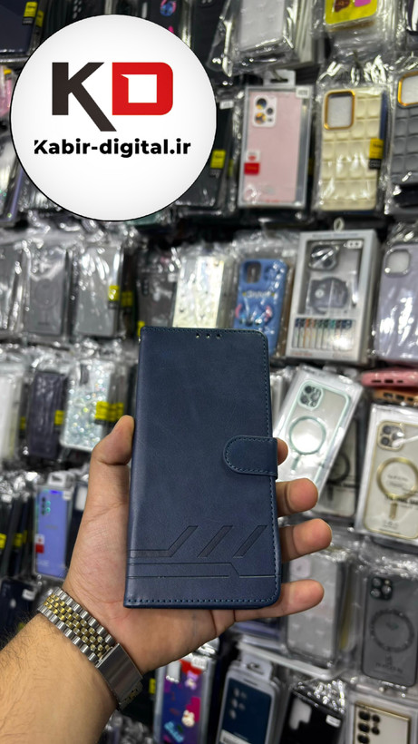 کیف گوشی Galaxy S24 FEسامسونگ چرم مگنتی جاکارتی بند آویز دار سرمه ایی