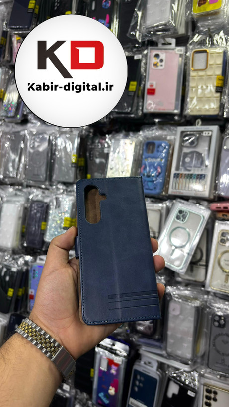 کیف گوشی Galaxy S24 FEسامسونگ چرم مگنتی جاکارتی بند آویز دار سرمه ایی
