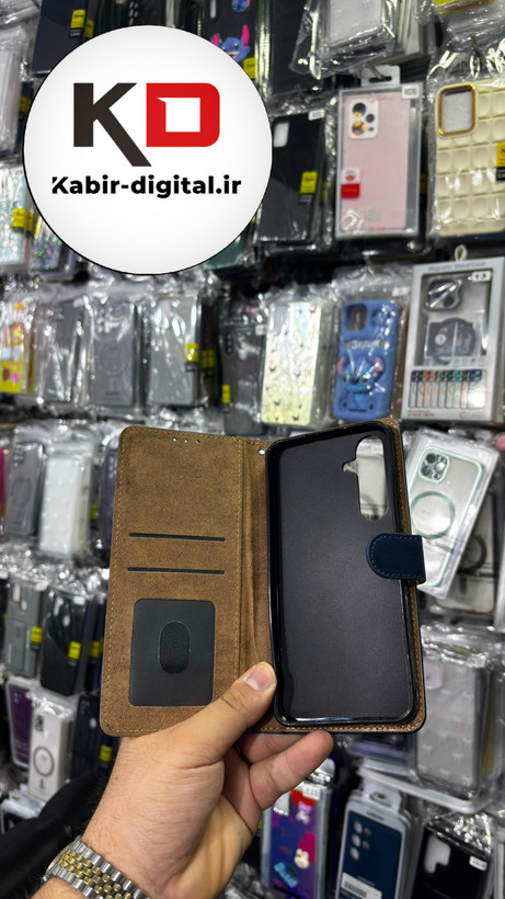 کیف گوشی Galaxy S24 FEسامسونگ چرم مگنتی جاکارتی بند آویز دار سرمه ایی