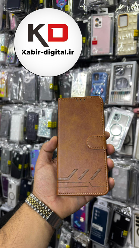 کیف گوشی Galaxy S24 FEسامسونگ چرم مگنتی جاکارتی بند آویز دار قهوه ایی