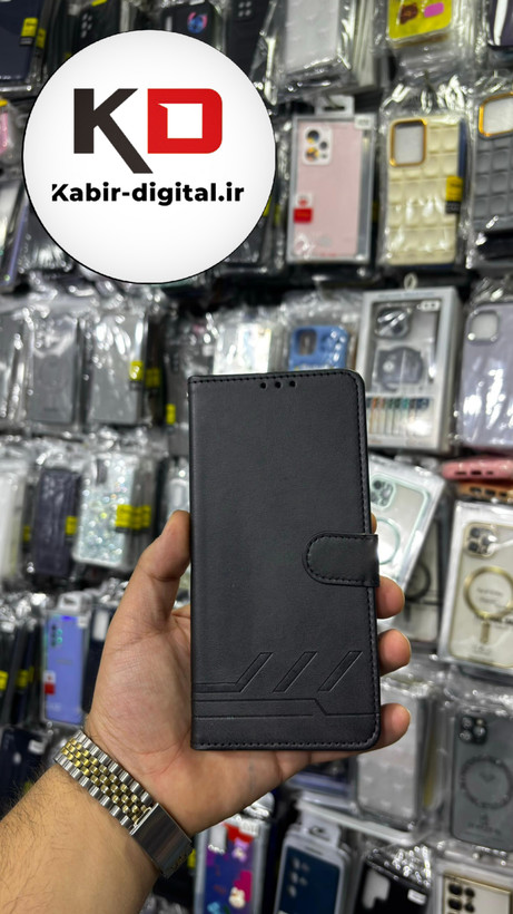 کیف گوشی Galaxy S24 FEسامسونگ چرم مگنتی جاکارتی بند آویز دار مشکی
