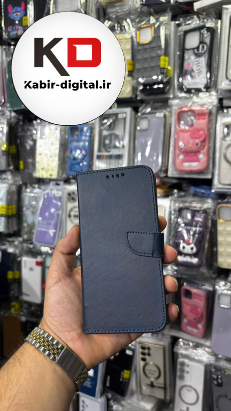 کیف گوشی Galaxy S23 FEسامسونگ چرم مگنتی جاکارتی بند آویز دار سرمه ایی