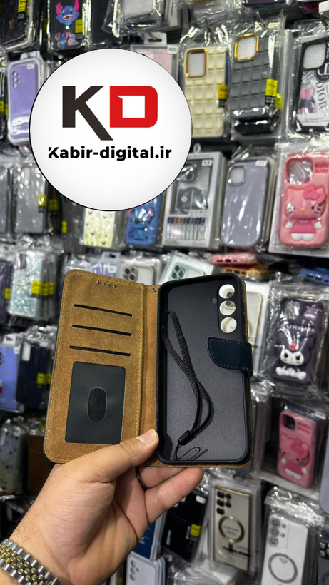 کیف گوشی Galaxy S23 FEسامسونگ چرم مگنتی جاکارتی بند آویز دار سرمه ایی