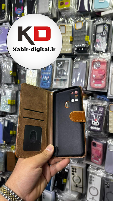 کیف گوشی Galaxy A21sسامسونگ چرم مگنتی جاکارتی بند آویز دار قهوه ایی