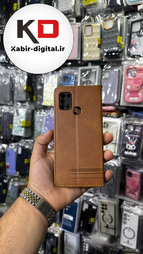 کیف گوشی Galaxy A21sسامسونگ چرم مگنتی جاکارتی بند آویز دار قهوه ایی