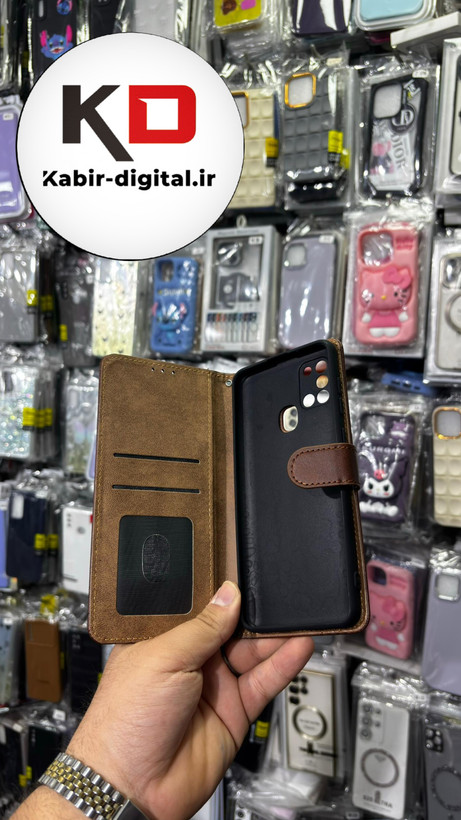 کیف گوشی Galaxy A21sسامسونگ چرم مگنتی جاکارتی بند آویز دار قهوه ایی تیره