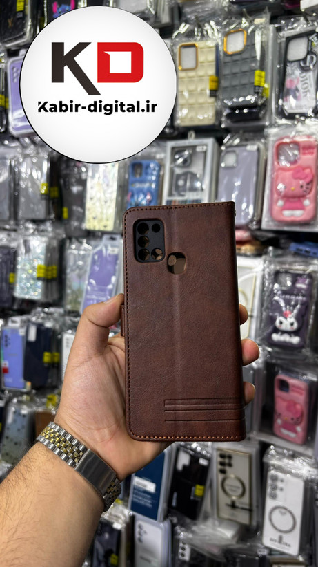 کیف گوشی Galaxy A21sسامسونگ چرم مگنتی جاکارتی بند آویز دار قهوه ایی تیره