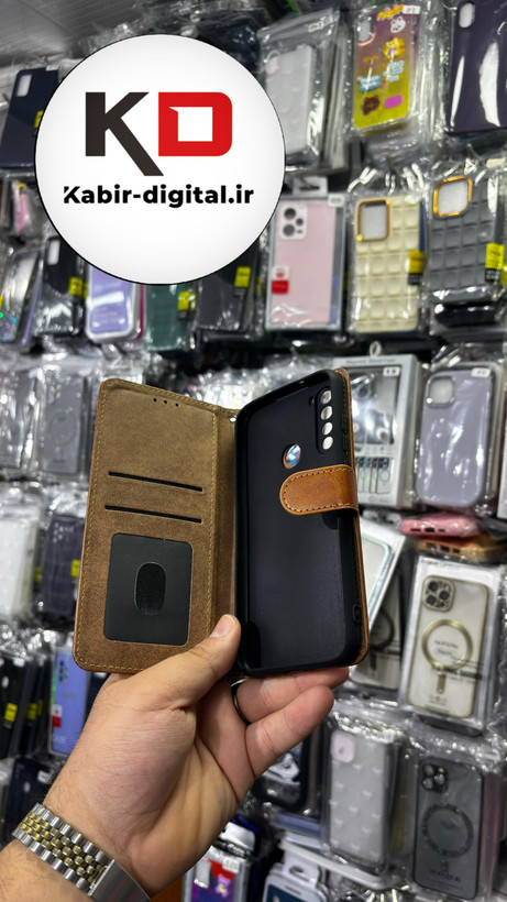 کیف گوشی Redmi Note 8 شیائومی چرم مگنتی جاکارتی بند آویز دار قهوه ای روشن
