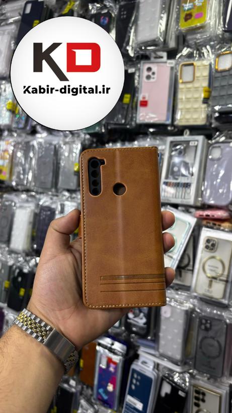 کیف گوشی Redmi Note 8 شیائومی چرم مگنتی جاکارتی بند آویز دار قهوه ای روشن