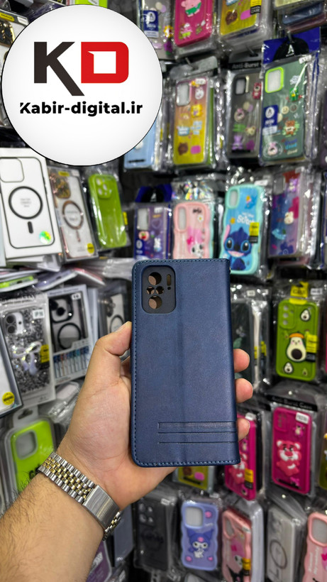 کیف گوشی Redmi Note 10/Note 10s/POCO M5sشیائومی چرم مگنتی جاکارتی بند آویز دار سرمه ایی