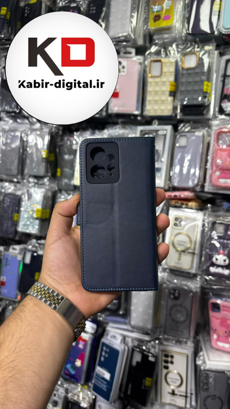 کیف گوشی Redmi Note 12 4Gشیائومی چرم مگنتی جاکارتی بند آویز دار سرمه ایی