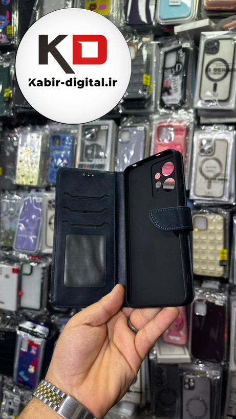 کیف گوشی Redmi Note 12 4Gشیائومی چرم مگنتی جاکارتی بند آویز دار سرمه ایی