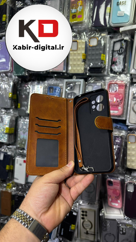 کیف گوشی Redmi Note 12 4Gشیائومی چرم مگنتی جاکارتی بند آویز دار قهوه ایی