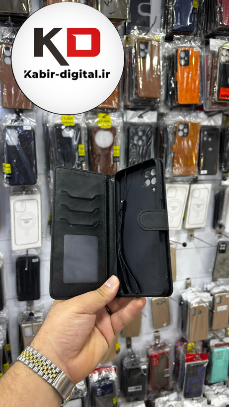 کیف گوشی Galaxy A12 سامسونگ چرم مگنتی جاکارتی بند آویز دار مشکی