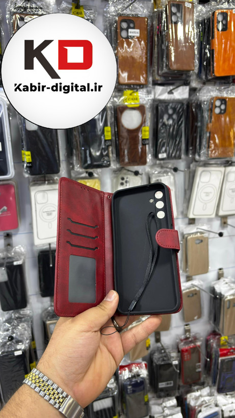 کیف گوشی Galaxy A14 سامسونگ چرم مگنتی جاکارتی بند آویز دار قرمز