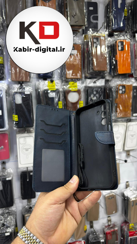 کیف گوشی Galaxy A15 سامسونگ چرم مگنتی جاکارتی بند آویز دار سرمه ایی