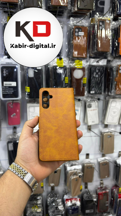 کیف گوشی Galaxy A15 سامسونگ چرم مگنتی جاکارتی بند آویز دار قهوه ایی روشن
