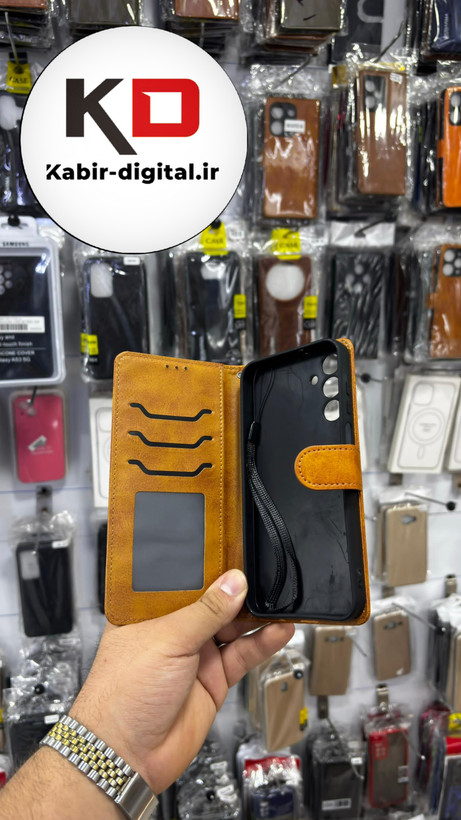 کیف گوشی Galaxy A15 سامسونگ چرم مگنتی جاکارتی بند آویز دار قهوه ایی روشن
