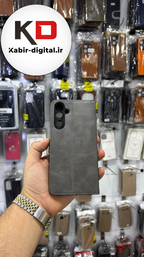 کیف گوشی Galaxy A16 سامسونگ چرم مگنتی جاکارتی بند آویز دار خاکستری