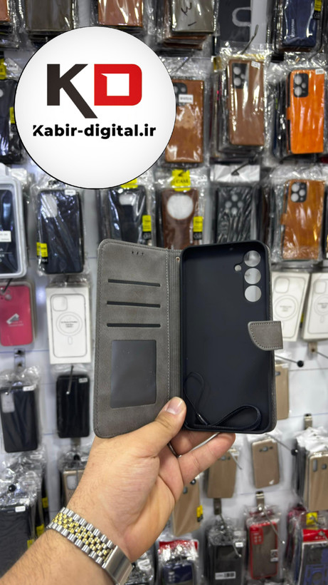کیف گوشی Galaxy A16 سامسونگ چرم مگنتی جاکارتی بند آویز دار خاکستری