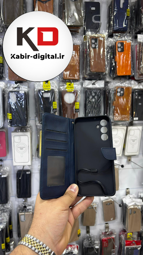 کیف گوشی Galaxy A16 سامسونگ چرم مگنتی جاکارتی بند آویز دار سرمه ایی