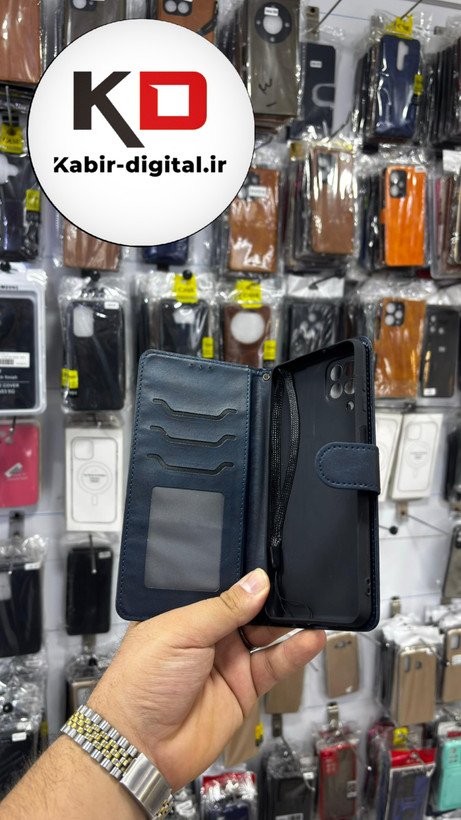 کیف گوشی Galaxy A22 4G/M32 سامسونگ چرم مگنتی جاکارتی بند آویز دار سرمه ایی