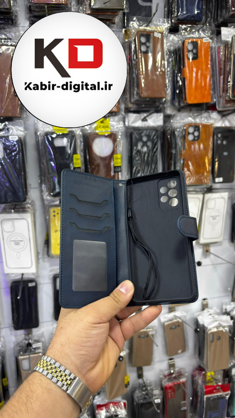 کیف گوشی Galaxy A52/A52s سامسونگ چرم مگنتی جاکارتی بند آویز دار سرمه ایی