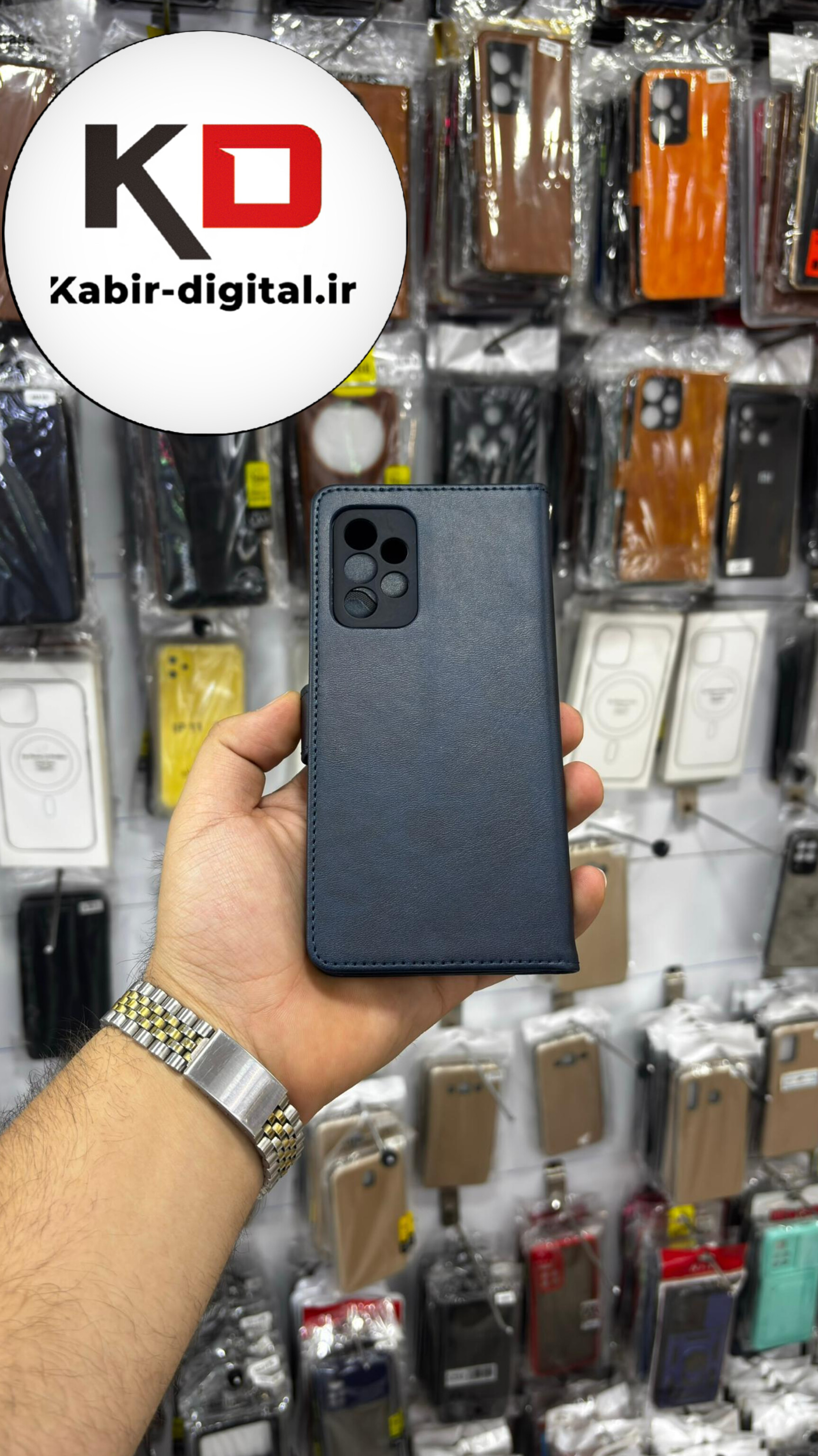 کیف گوشی Galaxy A52/A52s سامسونگ چرم مگنتی جاکارتی بند آویز دار سرمه ایی
