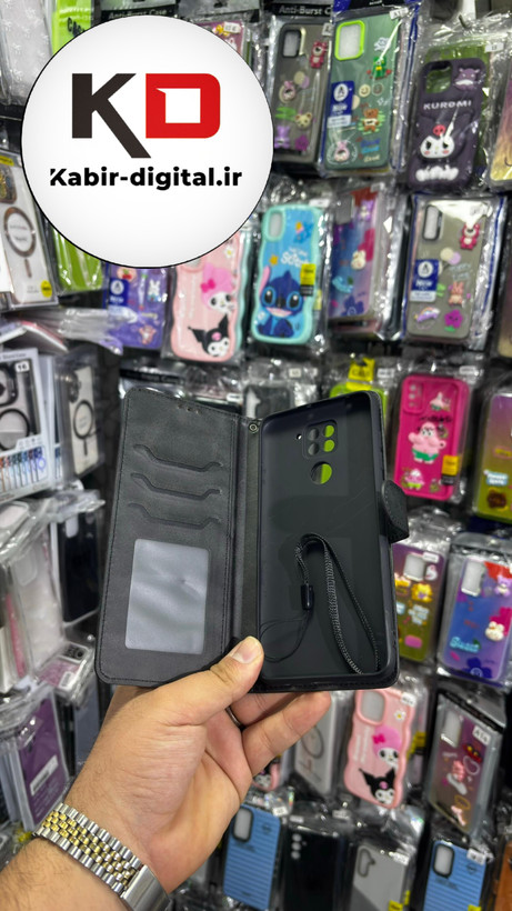 کیف گوشی Redmi Note 9شیائومی چرم مگنتی جاکارتی بند آویز دار مشکی
