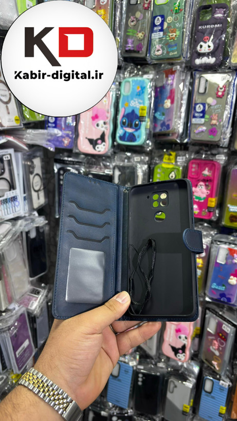 کیف گوشی Redmi Note 9شیائومی چرم مگنتی جاکارتی بند آویز دار سرمه ایی