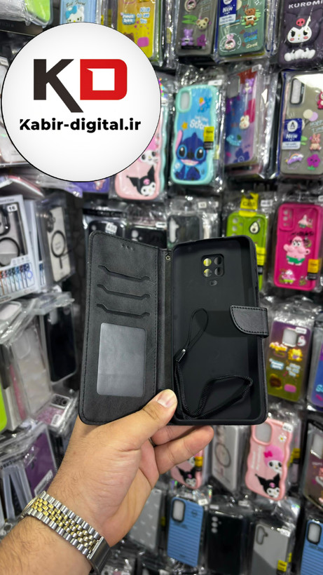 کیف گوشی Redmi Note 9s/Note 9 Proشیائومی چرم مگنتی جاکارتی بند آویز دار مشکی