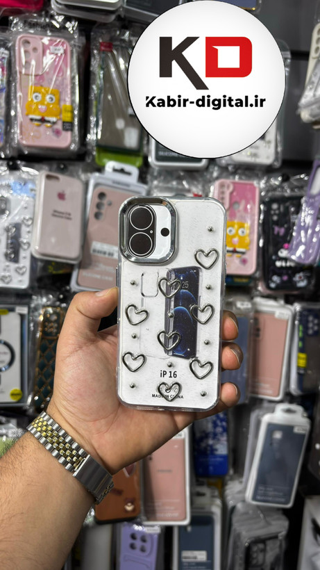 قاب گوشی iPhone 16 آیفون لاکچری شفاف رزینی طرح شاین لنز کرومی طرح قلب