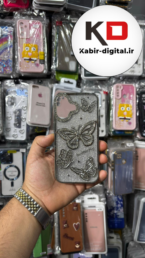 قاب گوشی iPhone 16 آیفون پروانه آموره نگین دار برجسته شاینی مدل Butterfly