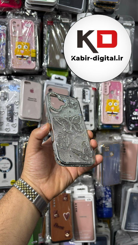 قاب گوشی iPhone 16 آیفون پروانه آموره نگین دار برجسته شاینی مدل Butterfly