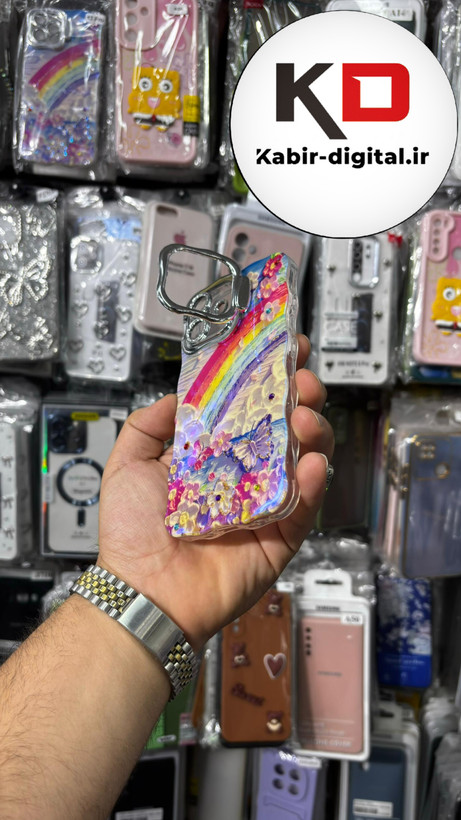 قاب گوشی iPhone 16 آیفون اورجینال فانتزی لنز کرومی استندشو طرح نگین دار باغ گل
