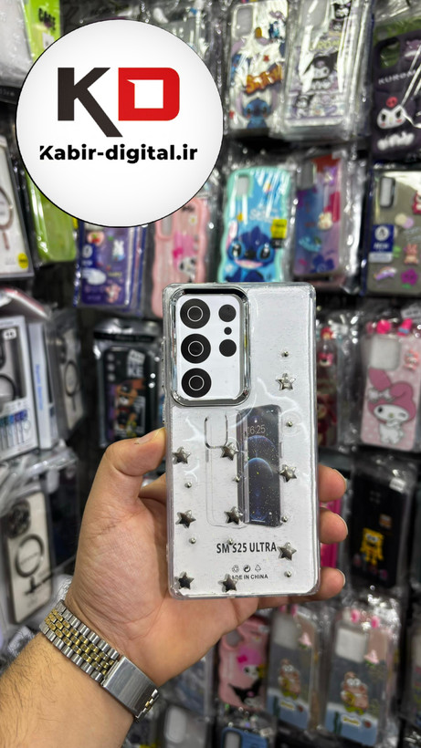 قاب گوشی Galaxy S25 Ultra سامسونگ لاکچری شفاف رزینی طرح شاین لنز کرومی طرح ستاره