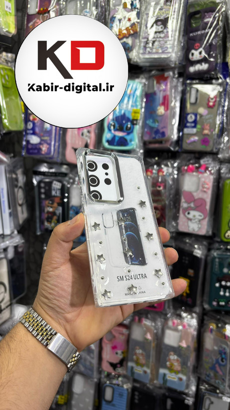 قاب گوشی Galaxy S24 Ultra سامسونگ لاکچری شفاف رزینی طرح شاین لنز کرومی طرح ستاره