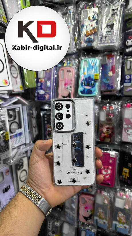 قاب گوشی Galaxy S23 Ultra سامسونگ لاکچری شفاف رزینی طرح شاین لنز کرومی طرح ستاره
