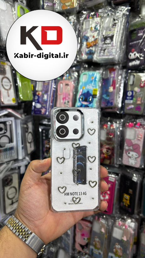 قاب گوشی Redmi Note 13 شیائومی لاکچری شفاف رزینی طرح شاین لنز کرومی طرح قلب