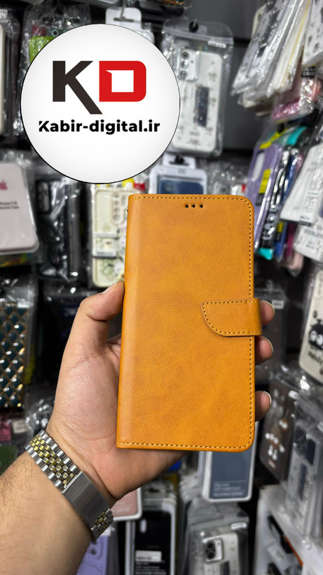 کیف گوشی Galaxy A36 سامسونگ چرم مگنتی جاکارتی بند آویز دار عسلی